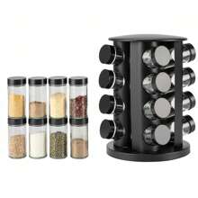 Plateau tournant à épices, carrousel à pots à épices, plateau tournant à épices, conteneurs de stockage d'épices, rond, noir, acier inoxydable (16/20 pots) Support à épices rotatif à 360 °, organisateur avec 16 pièces et 20 pots, autoportant, rangement en acier inoxydable pour cuisine, noir.