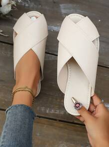 New Ladies Cross-Strap Flat Casual Versatile Black Comfortable Slippers, Solid Color Simple Elegant Ladies Flat Sandals For Dating