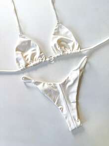 Triangle Bikini With Double String And RING - Ribbon Mark Summer Beach Holidays - 白色 - 查看 1