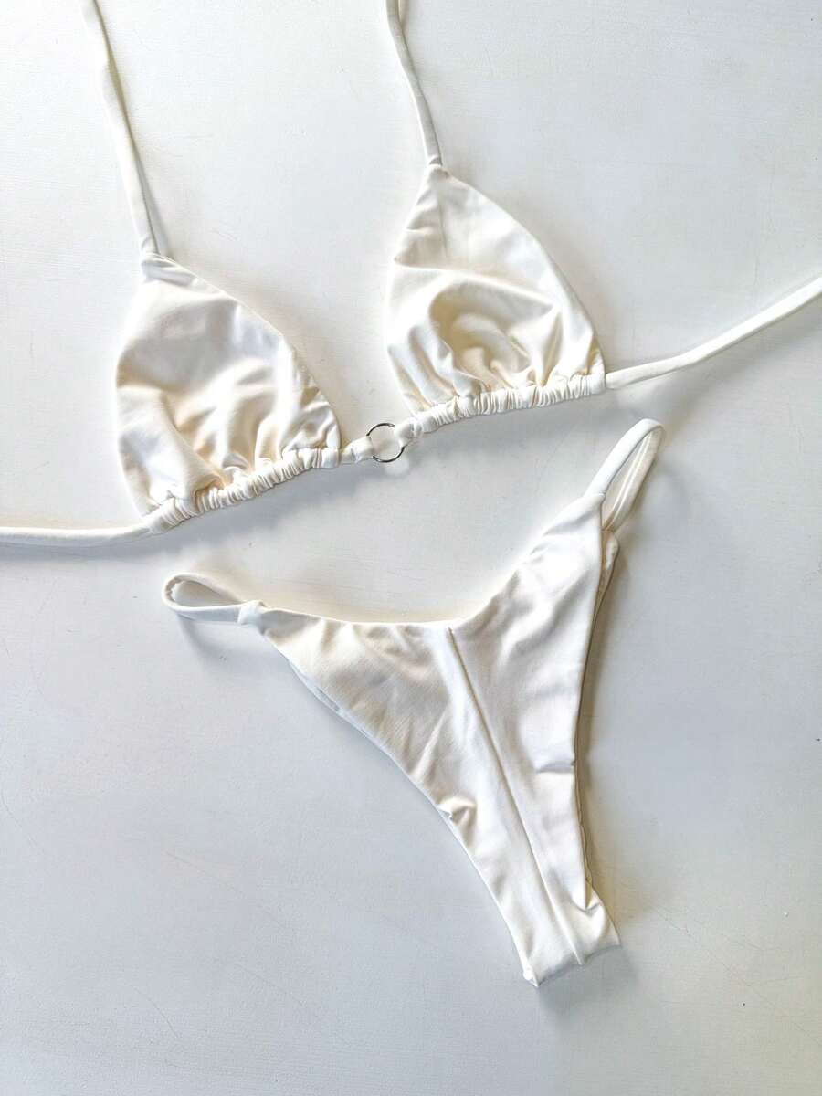 Triangle Bikini With Double String And RING - Ribbon Mark Summer Beach Holidays - 白色 - 查看 1