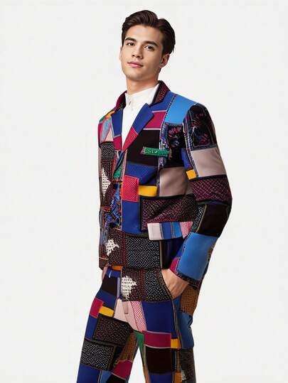 2 piezas/set de traje de oficina/noche de ajuste ceñido con estampado digital para hombre