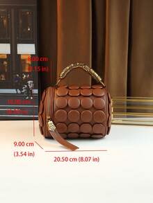 圆点图案波士顿包，通勤包，圆柱包，配有独特的金属腕带斜挎包 - 棕色 - 查看 11