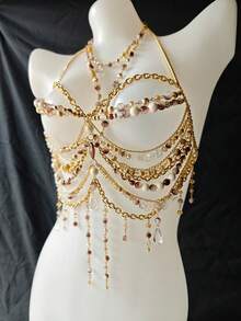 Unisex Sexy Body Chain, Pearl Necklace Lingerie, Alluring Exotic Transparent Bra Decor, Suitable For Party, Holiday, Nightclub, Music Festival - A - 查看 3