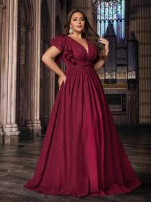 QOQ 浪漫纯色加大码女式礼服伴娘晚礼服适合婚礼、生日派对、正式活动 V 领荷叶边袖礼服 - 酒紅色 - 查看 4