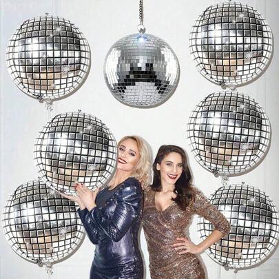 30 quả bóng bay hình cầu disco màu bạc - 22/18/10 inch, bóng bay hình cầu disco 4D, thích hợp trang trí tiệc disco | Trang trí tiệc thập niên 70, trang trí disco | Tiệc Mamma Mia