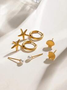 Ensemble exquis de 3 paires de boucles d'oreilles à tige coquille et étoile de mer. Boucles d'oreilles empilables, accessoires de femme, cadeau de fête