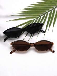 2pcs Fashion Small Frame Oval Fashion Glasses Personalized Versatile Vintage Women's Glasses Summer Travel Holiday Beach Accessories Back To School Preppy School Look - 2pcs(黑色+茶色) - 查看 4