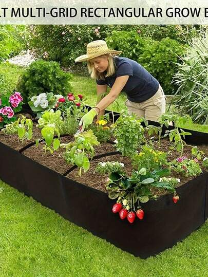 1/4/8 Grid Portable Rectangular Planting Bag - Felt Fabric Raised Garden Bed With Multi-Grid Design, Drainage Holes And Lightweight Reusable Vegetable Planting Box, Suitable For Indoor And Outdoor Gardening, Equipped With Drainage System