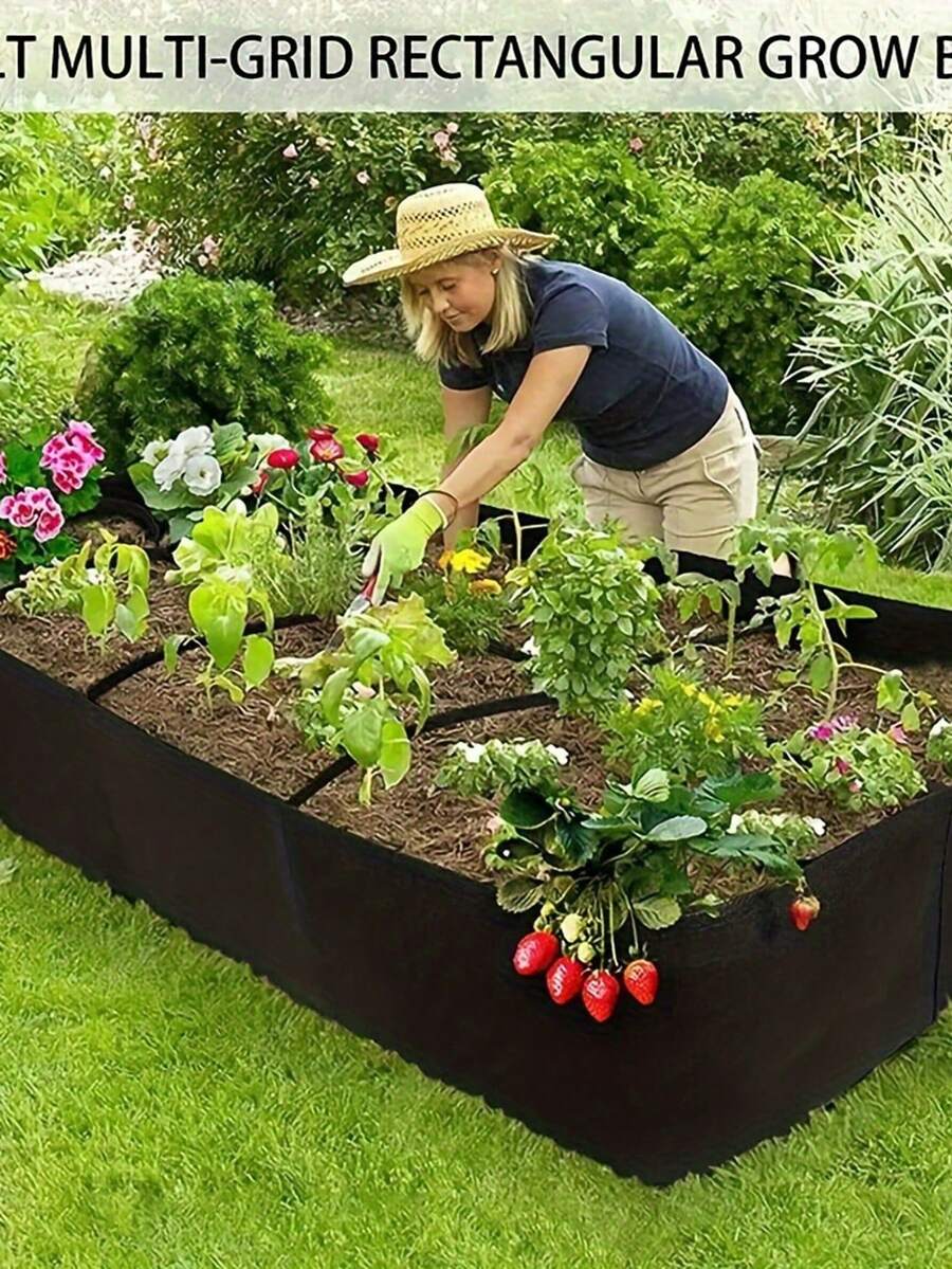 1/4/8 Grid Portable Rectangular Planting Bag - Felt Fabric Raised Garden Bed With Multi-Grid Design, Drainage Holes And Lightweight Reusable Vegetable Planting Box, Suitable For Indoor And Outdoor Gardening, Equipped With Drainage System - 黑色 - 查看 1