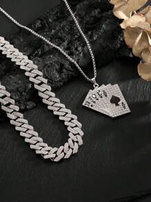 2pcs Alloy Poker Card Men's Necklace Set, Hip-Hop Style Versatile, Suitable For Daily Wear, Party, Gift For Friends