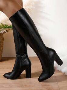 Botas altas de tacón alto y puntera afilada, versátiles con cremallera lateral, para mujer en otoño/invierno - Negro - Ver 3