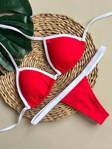 String Bikini With Ribbon/Thong - Czerwony/biały - Zobacz 1