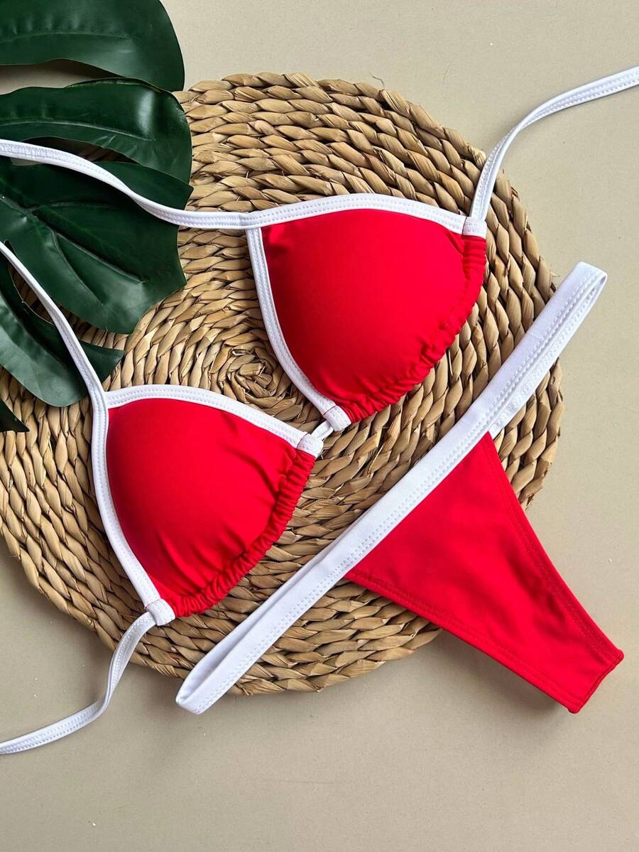 String Bikini With Ribbon/Thong - Czerwony/biały - Zobacz 1