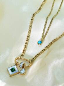 1 pièce Collier en acier au titane à deux couches incrusté de cristal de forme de losange rétro haut de gamme, chaîne de collier pour femmes, convenant pour un port quotidien et des fêtes, ne se décolorera pas