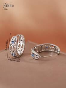 Hihho 1 对复古别致镂空几何圆形耳环，铜镶嵌锆石花卉图案设计，搭配璀璨的蓝色锆石点缀，女士装饰耳环礼物 - 銀色 - 查看 6