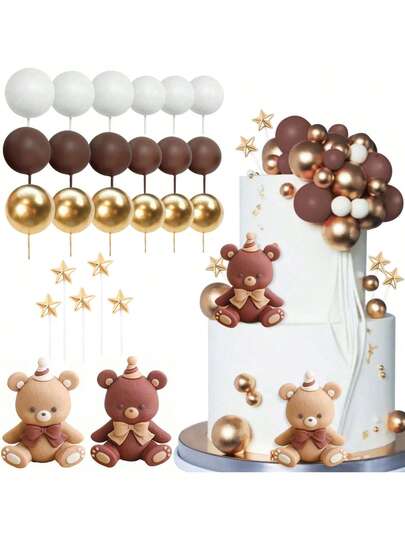 34 件/套棕熊生日蛋糕装饰白球棕球金球蛋糕装饰适用于主题派对婴儿派对生日派对蛋糕装饰