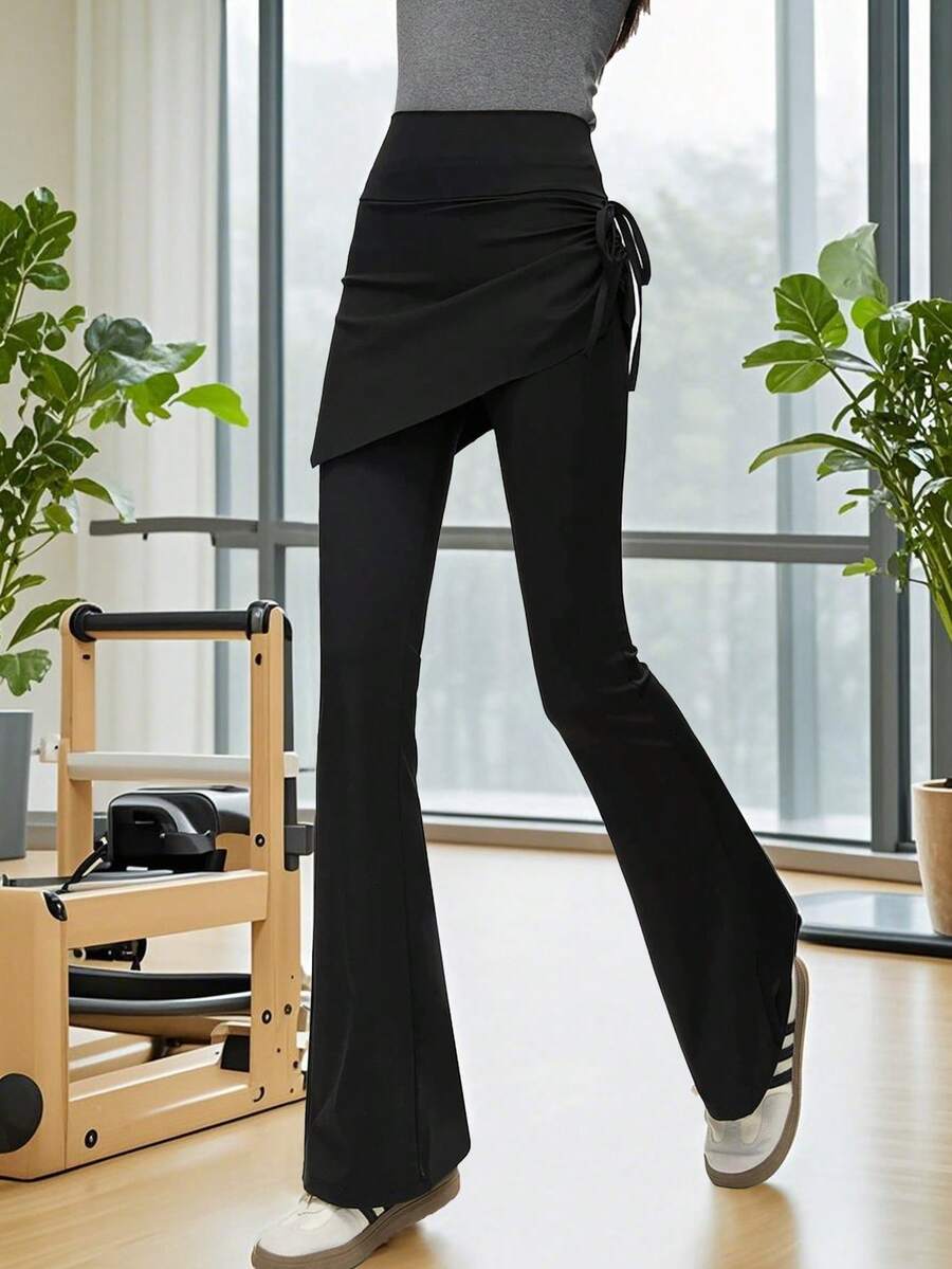 Women's High Waist Drawstring Side Slit Flare Pants, Elegant Sports Fitness Yoga Bell-Bottom Trousers - Black - View 1