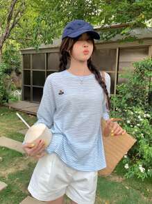 Blue Striped Long Sleeve Lightweight Sun Protection T-Shirt With Embroidery Detail, Loose Relaxed Fit Coverup