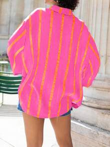 Women's Oversized Striped Boyfriend Shirt, Front Short Back Long Button Down Casual Blouse Top, Suitable For Spring, Summer, Autumn