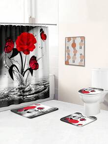 1pc/4pcs Red Falling Rose Flower Shower Curtain Decoration, Beautiful Housewarming Gift Modern Home Decoration, Waterproof Shower Curtain And Toilet Floor Mat Three Pieces Set Comes With 12 Shower Curtain Hooks Back To School - Multicolor - View 4