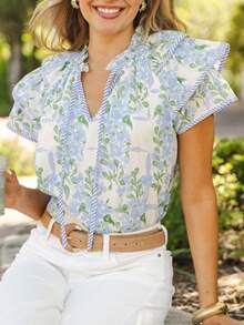 Women Y2K Ruffle Cap Sleeve Top Boho Floral V Neck Shirt Peplum Babydoll Patchwork Blouse Shirt Going Out - Baby Blue - View 2