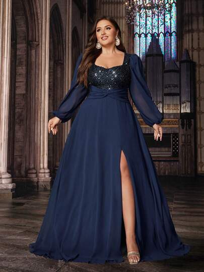 QOQ Navy Blue Plus Size Women Long Sleeve Evening Dress, Suitable For Formal Occasions, Sequin Patchwork Heart-Shaped Neckline Maxi Dress Wedding Spring