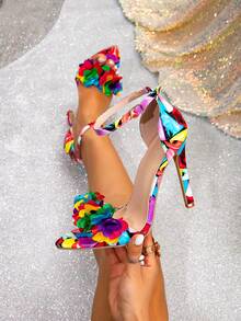 Elegant Pointed-Toe Colorful Butterfly Floral Stiletto Heeled Sandals For Women, Sexy Open-Toe High Heel Sandals For Party/Dress, Summer 2025 New Arrival - Flower Painting - View 3