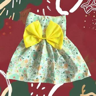 1 pezzo Abito set per animali domestici con stampa floreale e di frutta brillante, adatto per cani e gatti di piccola taglia - Vestito di principessa in tessuto morbido e traspirante con dettaglio fiocco - Ideale per primavera/estate - Caratterizzato da colori rosso, giallo, arancione, azzurro chiaro, verde scuro, rosa scuro, vestiti per cani/gatti