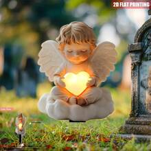 Estaca de jardín de acrílico con ángel de luz eterna impresa en 2D, montada en el suelo, resistente a la intemperie, para decoración de cementerio y luto, decoración del Día de la Madre, decoración exterior, sin electricidad requerida, uso de 4 estaciones, 1 pieza, diseño sereno del ángel, decoración de jardín resistente para exteriores - Multicolor - Ver 4
