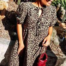 Women Elegant Leopard Print Round Neck Tie Front Short Sleeve Mini Dress