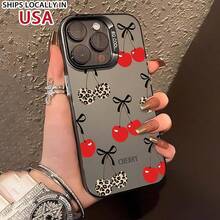 Fashion Cherry & Leopard-Print Pattern Phone Case, Cute Phone Protective Cover, Phone Accessory Compatible With IPhone 11 12 13 14 15 16 Pro Max/Pro/Plus - Black - View 2