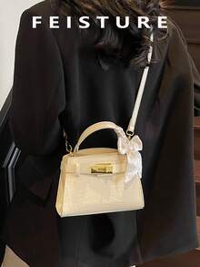 1pc FEISTURE Woman Handbag With Scarf Decor, PU Material Magnetic Closure Small Square Bag, Suitable For Daily, Dating, And Commuting - White - View 8