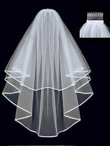 1 件双层简约新娘面纱，带缎面饰边，手工制作，适合婚礼，四季皆宜 - 白色 - 查看 3