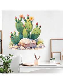 1 pieza Pegatinas de pared de cactus de dibujos animados para habitación de niños - Pegatinas de cactus con flores en acuarela, arte de pared removible para dormitorio infantil, fácil de aplicar, para niños, decoración adorable para guardería - Multicolor - Ver 8