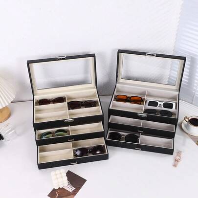 Multi-Layer High Capacity Leather Eyeglass Storage Case, 8/12/18 Grid Sunglasses Display Box, Organizer For Glasses & Sunglasses Collection