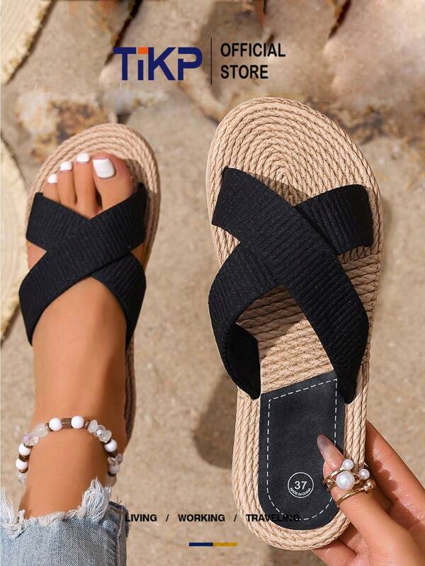 TIKP Women Straw Rope Bottom Woven Slippers, New Summer Outdoor Versatile Fashion Minimalist Ladies Flat Strap Slip-On Non-Slip Sandals