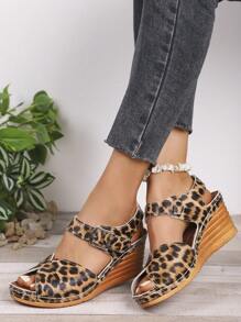 1 Par de Sandálias Plataforma Anabela Estampadas de Leopardo Impermeáveis, Estilo Verão Novo, Versátil para Adolescentes Meninas