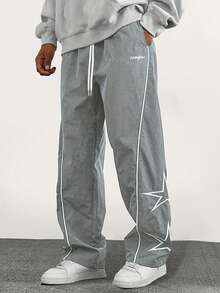 男士星星字母印花直筒宽松休闲裤，百搭学院风，适合所有季节 - 灰色 - 查看 3