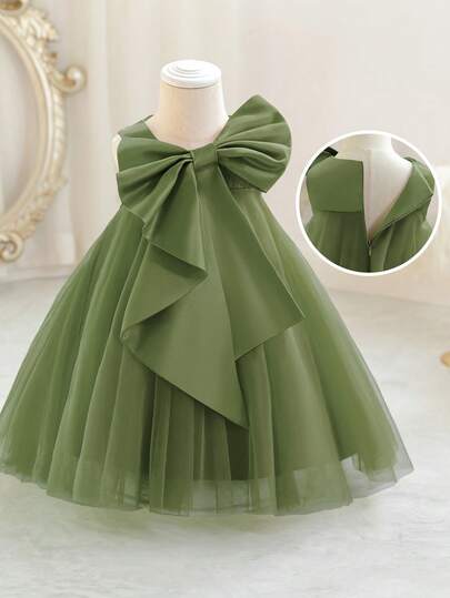 Baby Girls Green Bow Christmas Party Dress, Elegant Princess Tulle Dress, Suitable For Girls' 1st Birthday Gift, Party, Banquet, Holiday Celebration