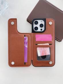 1pc Cherries, Leopard, Leaves Pattern Card Holder Mobile Phone Case, Leather Mobile Phone Case, Wallet Mobile Phone Case, Multifunctional Mobile Phone Case That Can Store Credit Card, Bank Card And Coins, Suitable For All Models Of Apple Mobile Phones, Can Be Used For Apple 11/12/13/14/15/16/Pro/Plus/Pro Max/16e Mobile Phone Case - 棕色 - 查看 2
