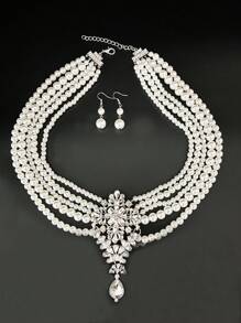 1 Set elegantes koreanisches Stil funkelndes Strass- & Perlen-Mehrschicht Halsketten- & Ohrringe Set, luxuriöser Retro Formeller Kleid Schmuck für Bühne, Party, Feiertage, Alltag