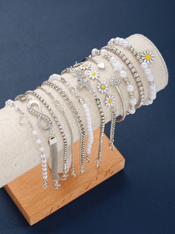 17KM 12 Pcs Simple Heart & Daisy Faux Pearl Bracelet Set, Women Holiday Date Gift Daily Casual Summer Accessory