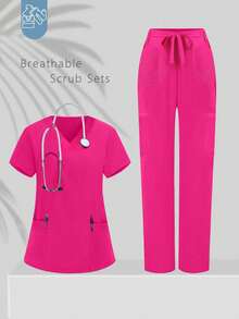 V-Neck Multi-Pocket Waist Tie Scrubs Uniform Set, Nurse Scrubs Workwear For Dentist, Healthcare, Pet Hospital, Laboratory - Hot Pink - View 1