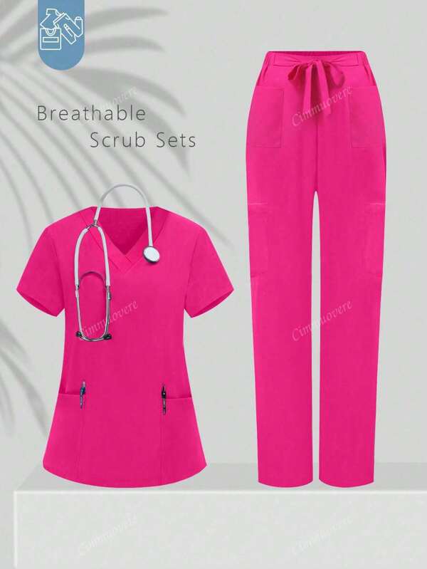 V-Ausschnitt Multi-Taschen Taille Bindung Kasack Uniform Set, Krankenschwester Kasacks Workwear für Zahnarzt, Gesundheitswesen, Tierklinik, Labor