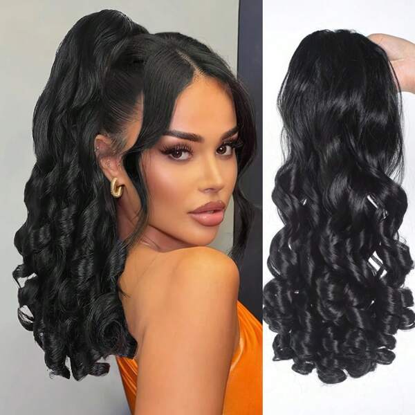Extensión de cabello sintético negro de 16 pulgadas con ondas profundas y esponjosas, estilo romano y rizado, cola de caballo con cordón para mujeres