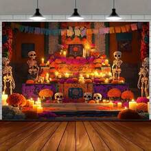 2D Banner - Skeleton, Candle, Marigold Flower, Paper Cut Pattern, Mexico Festival Altar Background, Suitable For Halloween Party Photography, Photo Booth Props, Birthday Party, Outdoor Celebrations, Ramadan, Halloween Party Decoration | Festival Altar Design | Polyester Background - Multicolor - View 3