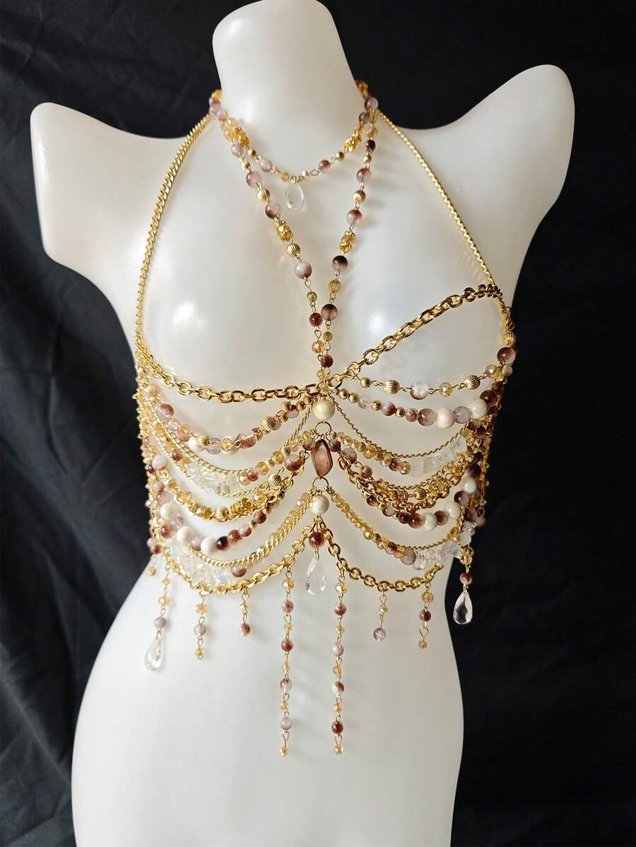 Unisex Sexy Body Chain, Pearl Necklace Lingerie, Alluring Exotic Transparent Bra Decor, Suitable For Party, Holiday, Nightclub, Music Festival - A - 查看 1