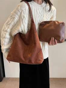 2 Pieces Set With Coin Purse Vintage Suede Tote Bag, Large Capacity Casual Shoulder Handbag, Patchwork Color Block Design Tote Bag, Versatile For Commuting, Shopping, Suitable For Office, College, Work, Business, Outdoor Activities, Travel For Young Women, Students, Office Ladies