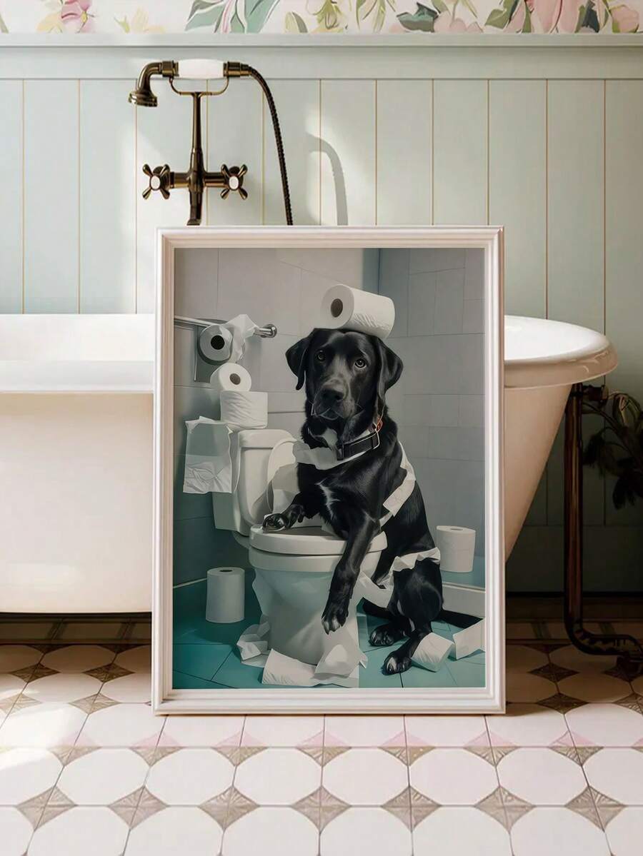 1pc Fun Black Labrador Bathroom Chaos Frameless Wall Art , Perfect For Home, Bedroom, Living Room, Bathroom, Office, Cafe- Unique Animal Mural Art, Home Decor First Choice, Funny Gift For Family And Friends - Multicolor - View 1