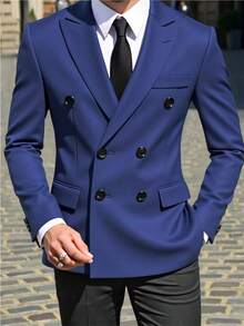 Men's Business Casual Peak Collar Double-Breasted Open Front Blazer - Navy Blue - View 1